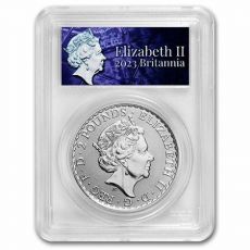 Stříbrná mince Britannia PCGS (Queen Label) 1 Oz 2 libry 2023 Velká Británie