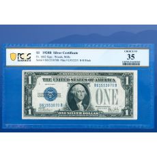 1928B $1 stříbrný certifikát modrá pečeť, "FUNNYBACK", PCGS 35
