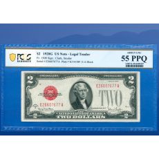 1928G $2 dva dolary zákonné platidlo bankovka červená pečeť, PCGS 55