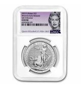 Stříbrná mince Britannia NGC GEM BU ER (Queen Label) 1 Oz 2023 GB