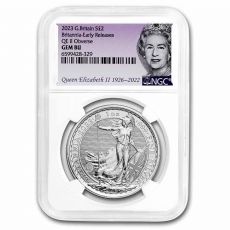 Stříbrná mince Britannia NGC GEM BU ER (Queen Label) 1 Oz 2023 GB