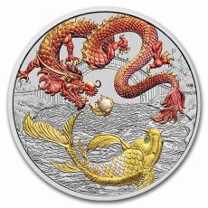 Stříbrná mince Dragon & Koi Red & Gold Colorized BU 1 Oz 2023