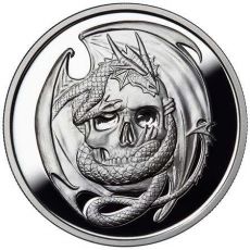 Stříbrná mince Skull Embrace – Anne Stokes Dragons Collection 1 Oz Proof